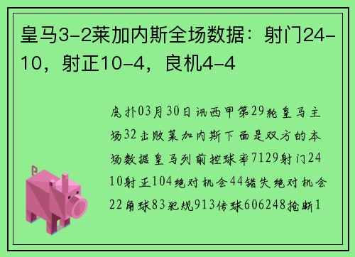 皇马3-2莱加内斯全场数据：射门24-10，射正10-4，良机4-4