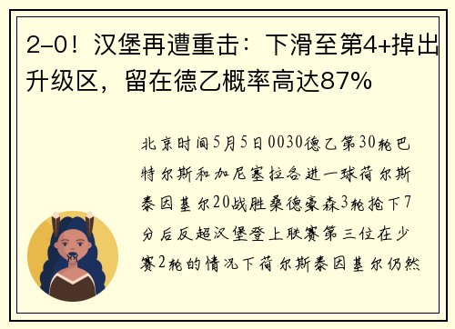 2-0！汉堡再遭重击：下滑至第4+掉出升级区，留在德乙概率高达87%